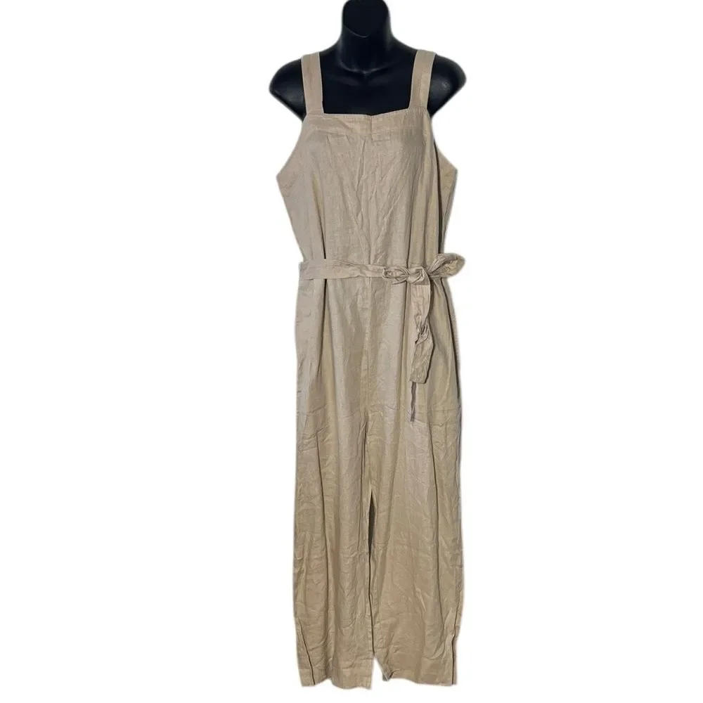 Quince women’s large 100% European linen square neck jumpsuit driftwood new